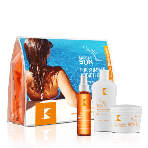 Prodotti solari per capelli: il trattamento K-time composto da Shampoo, Maschera, Olio SPF 15 e telo mare in omaggio